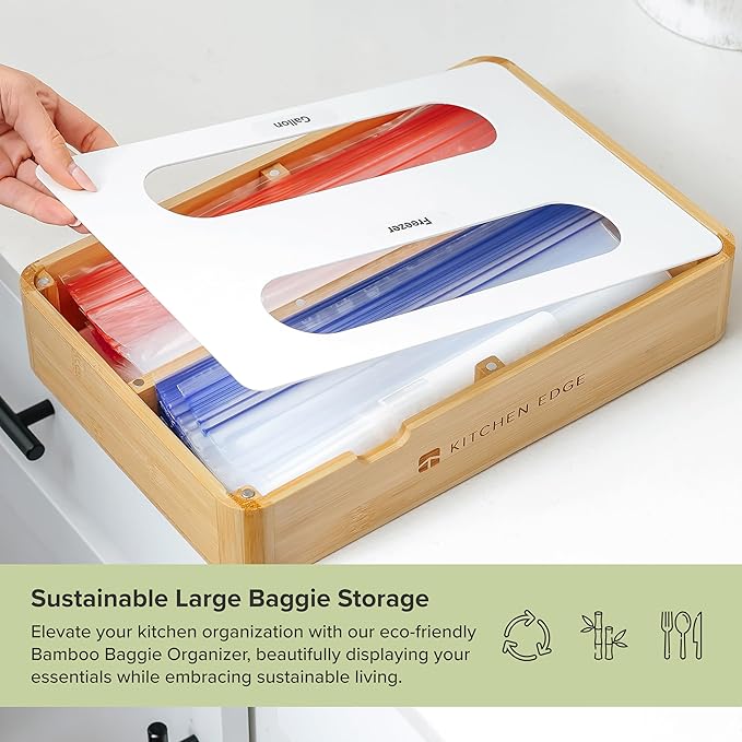Premium Ziplock Bag Organizer – Kitchen Edge 2-Slot Bamboo Organizer with White Metal, Fits Gallon & Freezer Bags, Magnetic Top for Easy Reload, Non-Slip Base, Wall Mountable, 8.7in x 13in x 2.5in