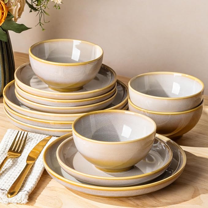 TheTerra Stoneware Dinnerware Sets for 4, 12 Pieces Ceramic Plates and Bowls Sets, Scratch Resistant Dish Set, Oven, Microwave & Dishwasher Safe, Autumn Haze