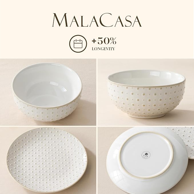 MALACASA 24-Piece Farmhouse Dinnerware Set for 8, Embossed White Stoneware Plates and Bowls Sets, Vintage Relief Ceramic Dish Set, Chip-Resistant, Microwave & Dishwasher Safe