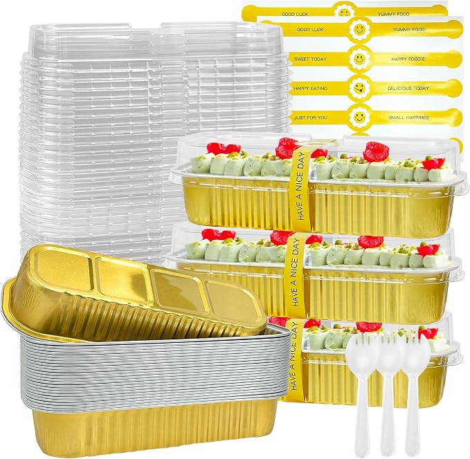 200Pack Gold Mini Cake Pans Disposable Mini Loaf Pans with Lids and Spoons and Stickers, 6.8Oz Aluminum Foil Pans Tins, Individual Dessert Cups Containers for Sales,Party,Picnics