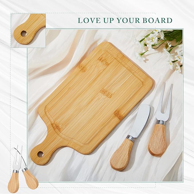 Ziliny 1 Set Bridal Baby Shower Cheese Prizes Wooden Square Board Gift Set Knives Forks Thank You Tags with Box for Guests for Valentines Bridal Baby Shower Housewarming Gifts (Bamboo Color)