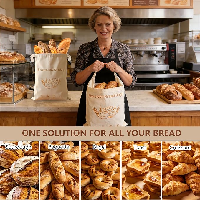 Reusable Beeswax Bread Bag for Homemade Sourdough Storage,Organic Cotton Beeswax Lined,2 Bags + 1 Bowl Cover | Keep bread fresh, Natural beeswax, Reusable, Easy to clean