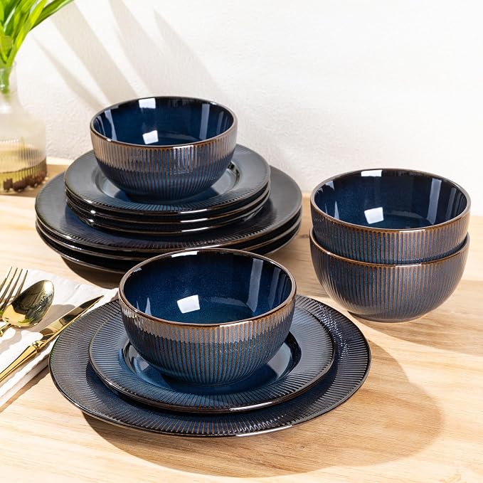 GBHOME Ceramic Dinnerware Sets,12 pcs Embossed Elegant Stoneware Plates and Bowls Sets, Housewarming Wedding Gift | Dishwasher & Microwave Safe | Dishes Set Service for 6