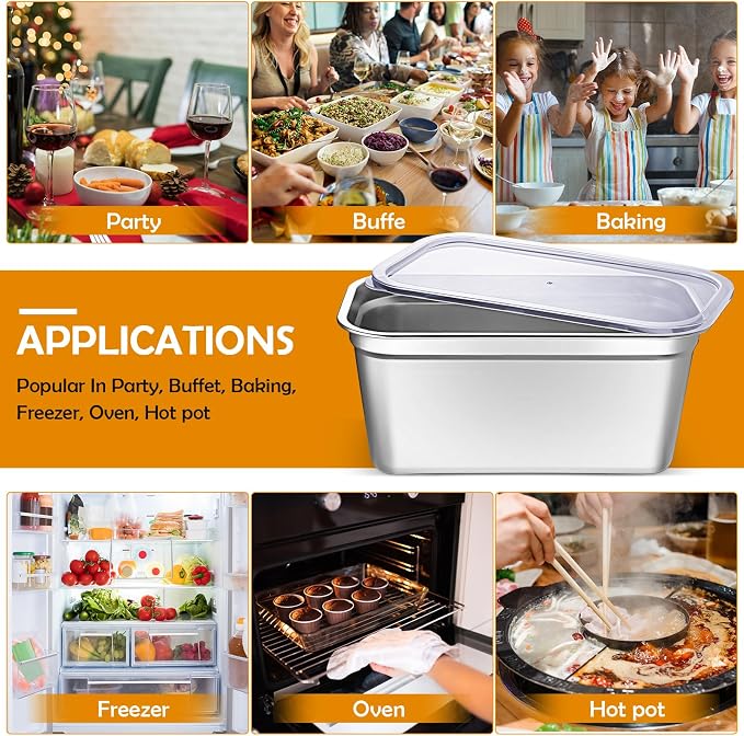 8 Pcs 304 Stainless Steel Food Storage Containers with Lids 1/3 Size Hotel Pan Chicken Food Grade Pans Metal Meal Containers for Restaurant Stackable Kitchen Freezer Buffet(6 Inch Deep)