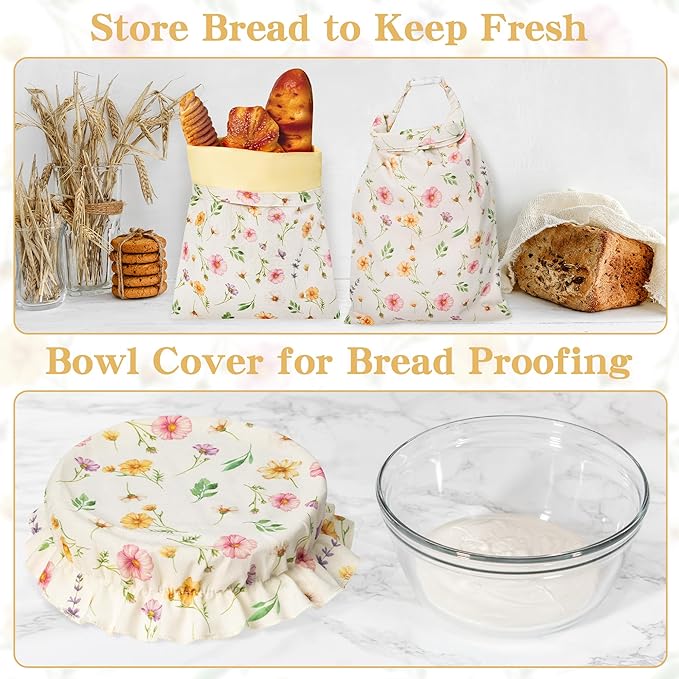Reusable Beeswax Bread Bags - 3 Pack Bees Wax Food Bag, Homemade Sourdough Bread Storage with Bowl Cover, Linen Cotton Large Beeswax Freezer Container for Home Kitchen (Watercolor Flowers)
