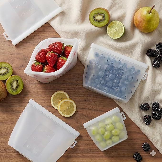Zyra Reusable Silicone Food Storage Bag Set – 3 Sizes (500ml, 1000ml, 1500ml) – Leakproof, Foldable, Microwave & Freezer Safe, BPA-Free, Dishwasher Safe, Eco-Friendly Meal Prep. (Clear)