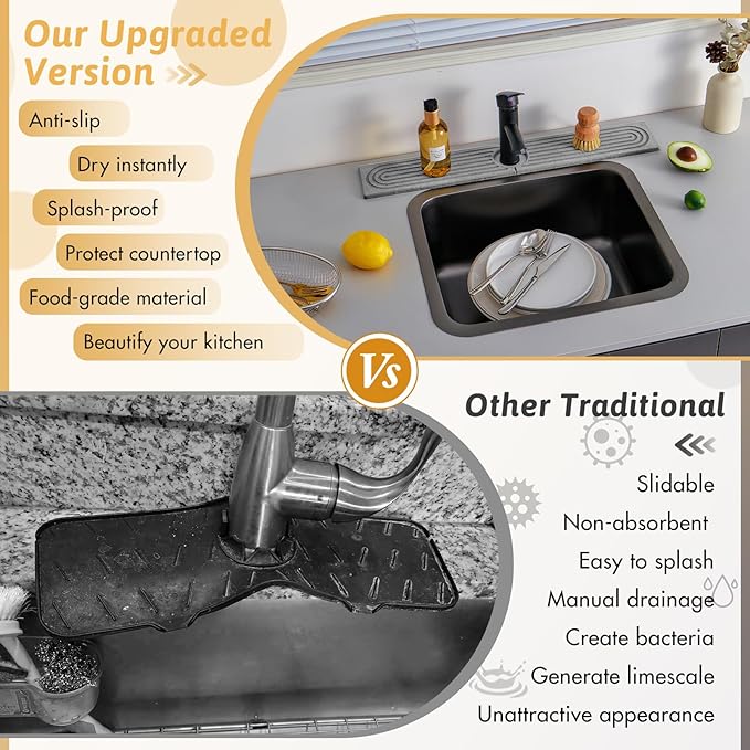 Diatomite Sink Protector for Kitchen, 23.6" Durable Faucet Mat Splash Guard, Super Absorbent Soap Drying Ttray Sponge Holder for Kitchen Bathroom Sink Accessories Gadgets, Gift for Sister, Light Gray