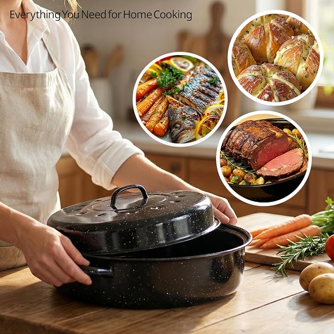 Turkey Roasting Pan With Lid 18in Roaster Pan Enamel Carbon Steel Roaster Pot with 16in Inner Diameter,18 Pound Large Capacity High Temperature Resistance Oval Cookware