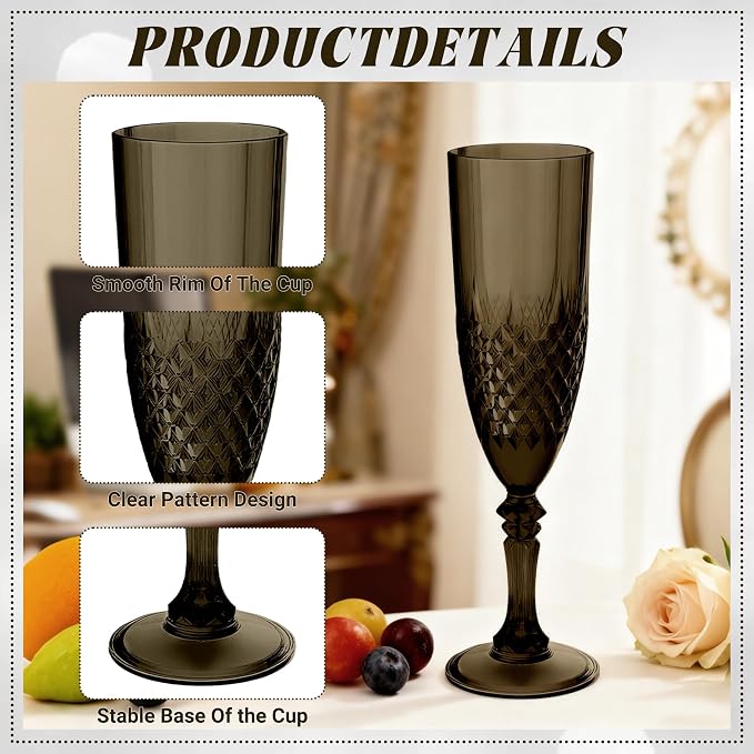 Plastic Champagne Flutes, Champagne Glasses Bulk, Reusable Unbreakable Acrylic Wine Glasses Goblets for Weddings Bachelor Parties Toasting Bridal Shower (12, Black)
