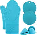 COOK WITH COLOR Silicone Oven Mitts- Heat Resistant Gloves with Soft Quilted Lining Oven Mitt Pot Holders for Cooking and BBQ, Teal, Mitt Set