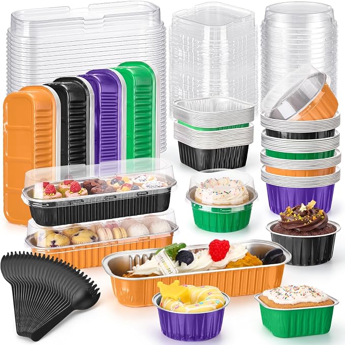 Blushtier 120 Set/240 Pcs Halloween Mini Loaf Pans with Lids and Spoons Halloween Disposable Mini Cake Pans 6.8, 5, 4.2 oz Square Rectangle Round Aluminum Foil Cupcake Baking Cups Dessert Liners Tins