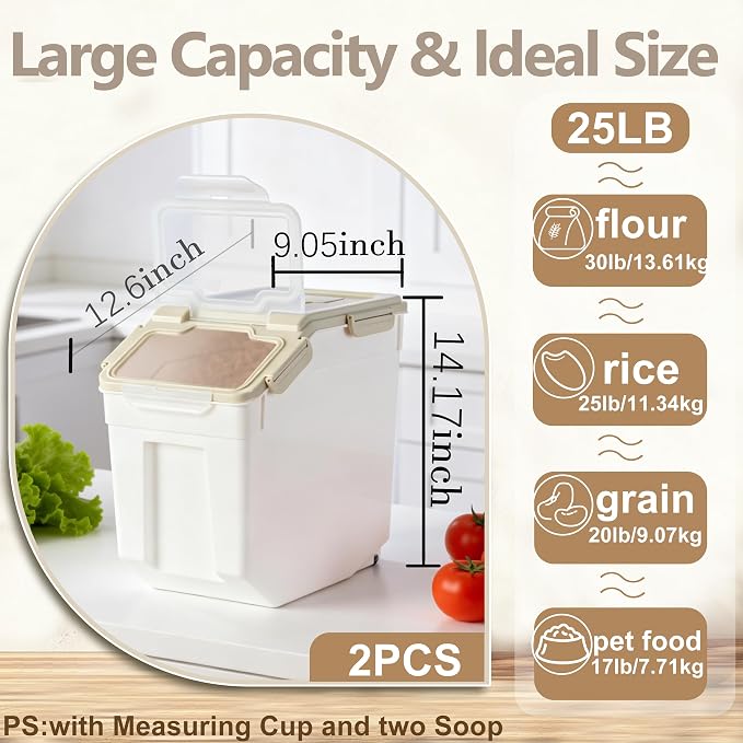 RUIAN 2Pcs Large Flour Storage Container Bin 25Lb Airtight Rice Storage Containers with Wheels Seal Locking Lid, BPA Free with Measuring Cup&Scoop for Flour, Rice, Grain (Gray)