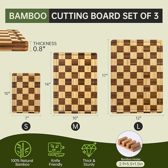 THETCHRY Bamboo Cutting Board Set, Checkered Wood Cutting Boards for Kitchen with Juice Groove, Non Toxic Wooden Charcuterie Boards, Non Slip Chopping Board for Meat Fruit Cheese, Housewarming Gift