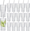 16 Set 20oz Vintage Plastic Tumbler with Lids and Straws Ribbed Floral Drinking Glasses Reusable Iced Coffee Cups for Water Juice Smoothie Cocktail Travel Party Events Gift (Clear)