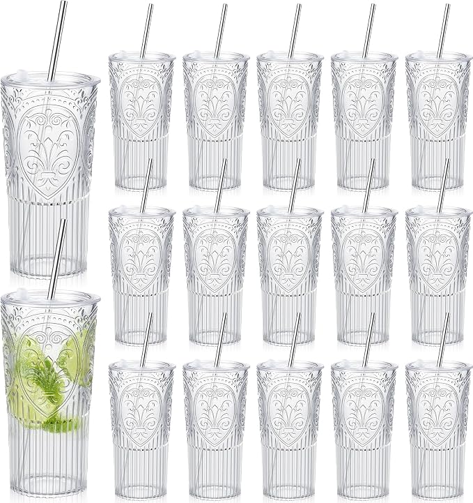 16 Set 20oz Vintage Plastic Tumbler with Lids and Straws Ribbed Floral Drinking Glasses Reusable Iced Coffee Cups for Water Juice Smoothie Cocktail Travel Party Events Gift (Clear)