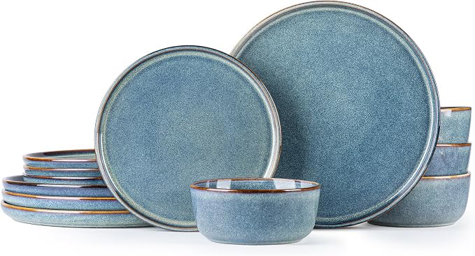 AmorArc Stoneware Dinnerware Sets for 4,Round Reactive Glaze Ceramic Plates and Bowls Set,Highly Scrath Resistant Dishware | Dishwasher & Microwave Safe Dishes Set,Service for 4 (12pc)