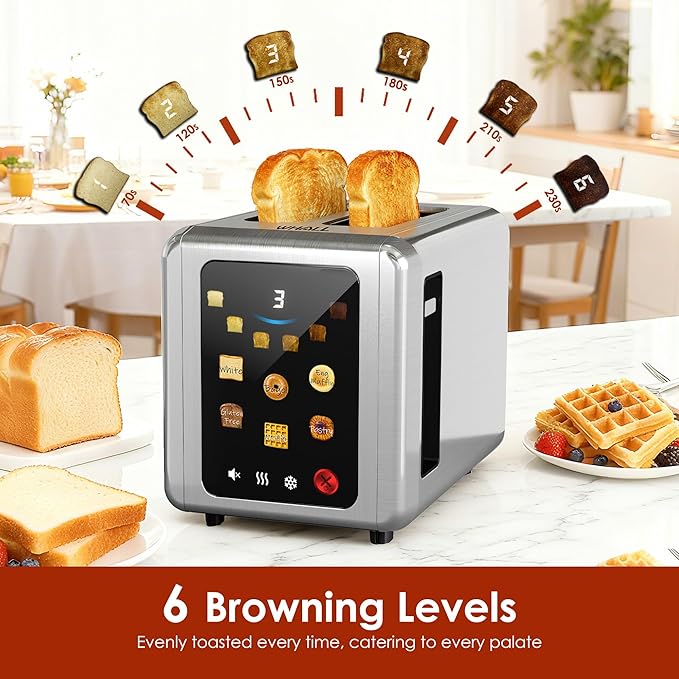 WHALL Full Touch Screen Toaster 2 Slice, 1.5'' Wide Slot Stainless Steel Toaster with Digital Timer, 6 Bread Types & 6 Shade Settings, Crumb Tray, Reheat/Defrost, Smart Toasters for Bagels, Silver