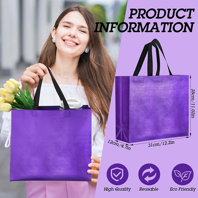 Eccliy Reusable Gift Bags Set Glossy Grocery Gift Tote Bag with Handle for Wedding, Bridal Shower, 4th of July, Summer Event(12 x 11 x 4.7 I Inch,Purple,80 Pcs)