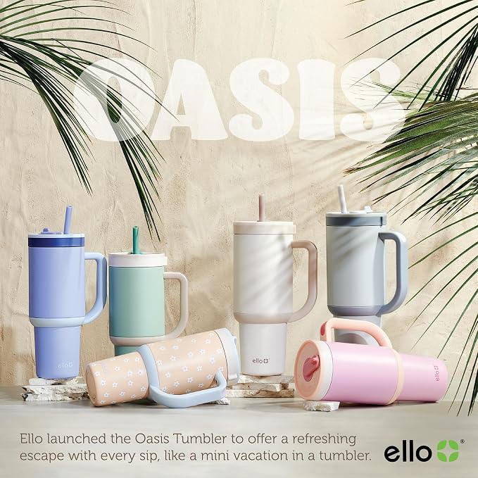 Ello Oasis 30 oz Tumbler with Handle & Retracting Straw | Reusable Insulated Stainless Steel Cup 100% Leakproof | Keeps cold for 24 Hours | Cup Holder Friendly | Beige Gingham