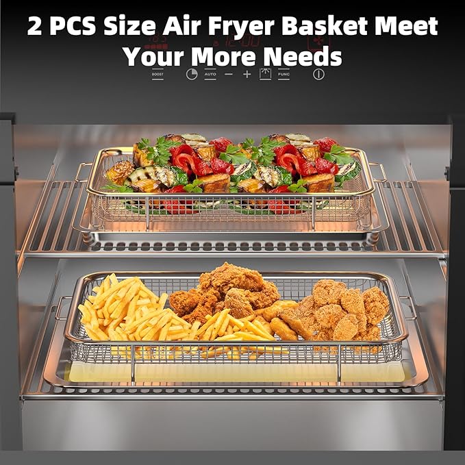 Air Fryer Basket for Oven, 2 Set Air Fryer Tray and Pan with 60PCS Parchment Papers, YEPATER Stainless Steel Air Fryer Pan and Crisper Tray for for Baking Grilling Cooking and Frying