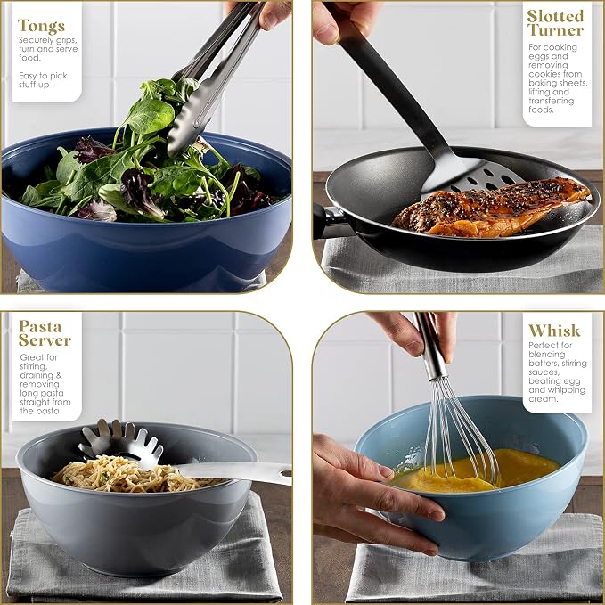 Bartnelli 11-Piece Kitchen Utensils Set with Holder - Non-Stick Stainless Steel Cooking Utensils with Heat-Resistant Handle - Includes Cooking Spoons, Potato Smasher, Slotted Turner, Whisk, and More