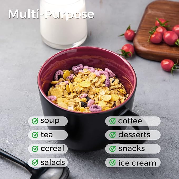 AmorArc 24 oz Soup Mugs with Handles, Jumbo Ceramic Bowls Mugs Set with handles for Coffee Cereal Cappuccino Snacks, Microwave&Dishwasher safe Soup Cups for Meal-Burgundy