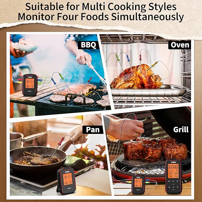 YIOU Wireless Meat Thermometer for Cooking, Digital Meat Thermometer with 4 Probes, 500FT Ultra Accurate & Fast Food Thermometer for Oven, Smoker, Red