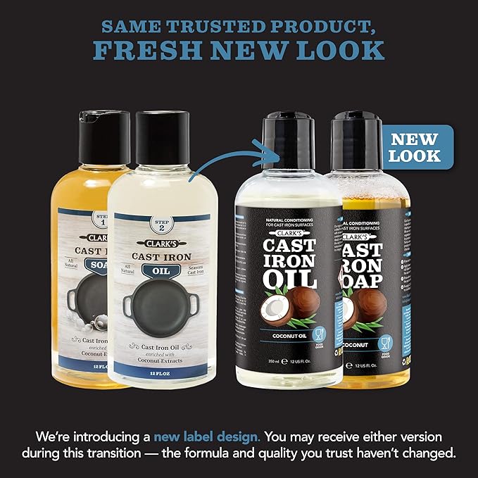 CLARK'S Cast Iron Cleaning Kit with Coconut Oil – Cast Iron Cleaner Set with Seasoning Oil, Soap, Scrub Brush, and Applicator Pad – Restore and Preserve Pan, Skillet, Grill, Dutch Oven, and Wok