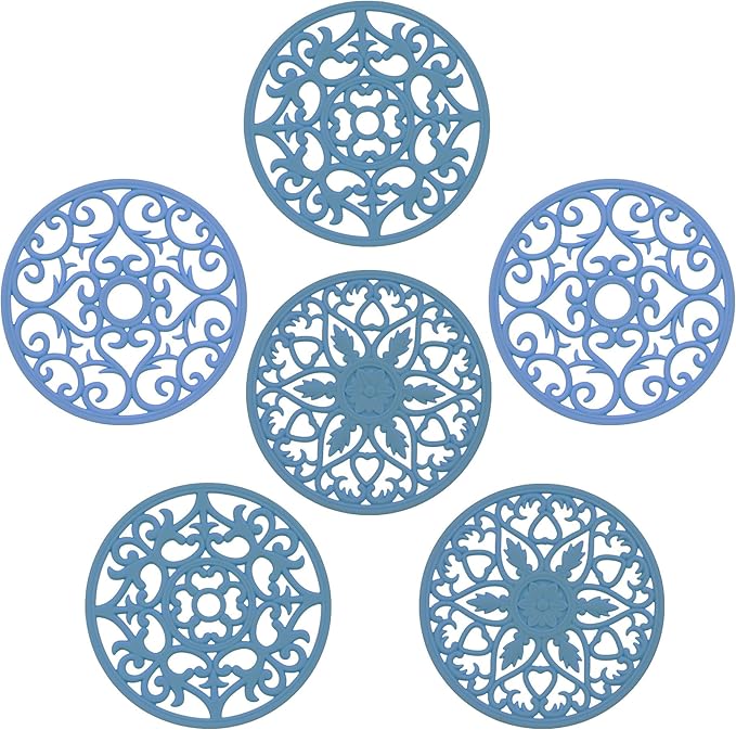 Silicone Trivets for Hot Dishes, Hot Pots and Pans, Modern Silicone Hot Pads for Kitchen, Multi-Use Intricately Carved Trivet Mat for Contertop, Blue Round Pot Holders for Table Top Pack 6