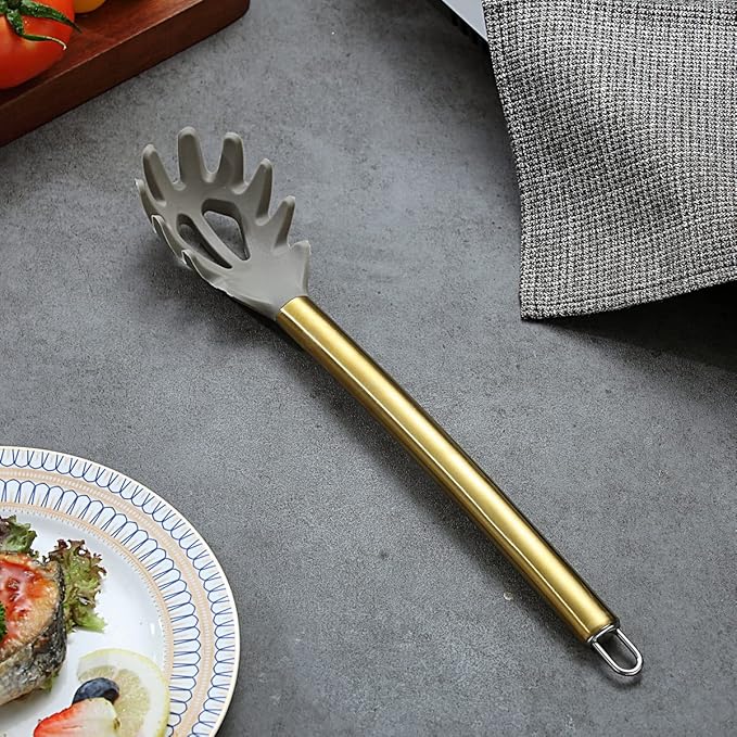 Gold Spaghetti Spoon, Berglander Non-stick Silicone Pasta Server With Titanium Gold Plating Handle, Spaghetti Server For Cooking, Pasta Fork, Noddle Fork, Dishwasher Safe, Easy to Clean