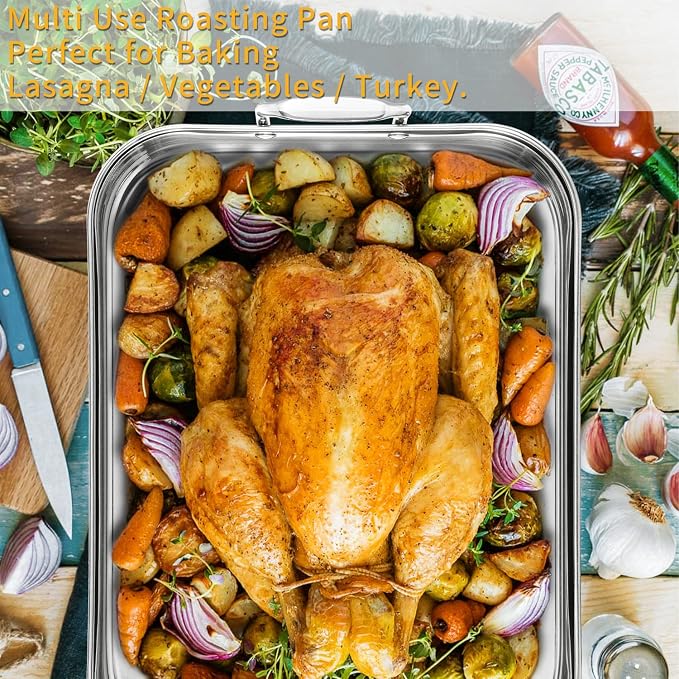 JY COOKMENT Roasting Pan with Baking Rack, 16.5 Inch Stainless Steel Turkey Roaster with Rack, Baster. Great for Turkey, Chicken, Ham, Vegetables