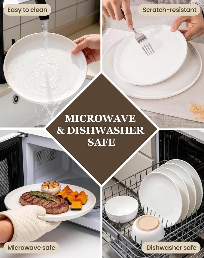 OTAGO 24-Piece White Stoneware Dinnerware Set for 6 with Mugs, Plates and Bowls Sets with Partially Unglazed Base, Scratch Resistant Ceramic Dish Set, Microwave & Dishwasher Safe for Kitchen
