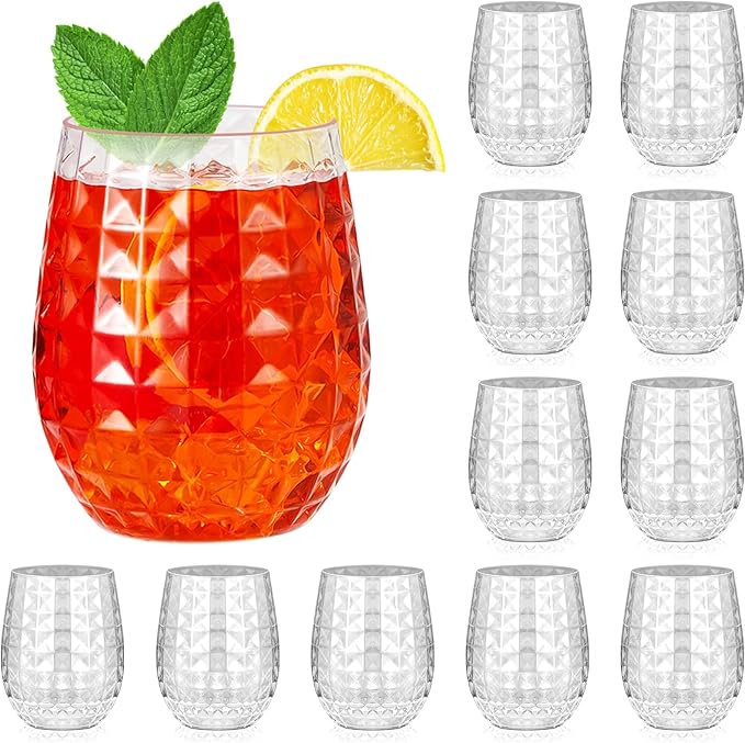 Ctosree 12 Set Tiki Pineapple Glasses 12 oz Plastic Cocktail Wine Glasses Hawaiian Tiki Cups Clear Stemless Reusable Pina Colada Cups Shatterproof Unbreakable Whiskey Mug for Tropical Bar Summer Party
