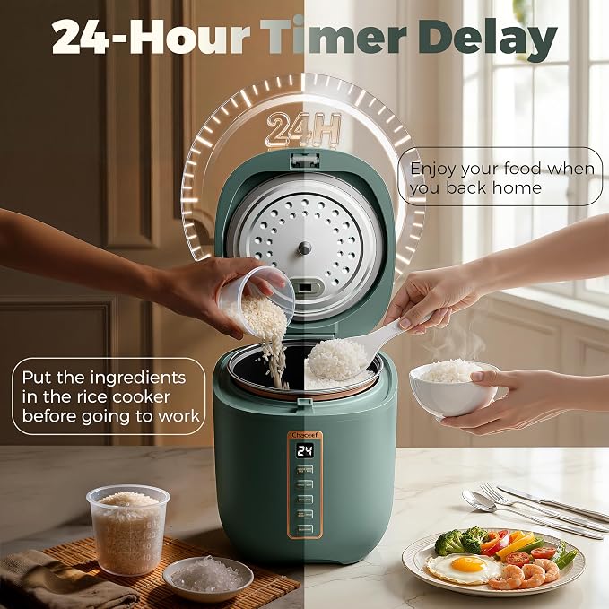 CHACEEF Mini Rice Cooker 2 Cups Uncooked, 1.2L Rice Cooker Small, Portable Non-Stick Small Travel Rice Maker, BPA Free, Smart Control Multifunction Cooker with 24 Hours Timer Delay & Keep Warm Function, Green