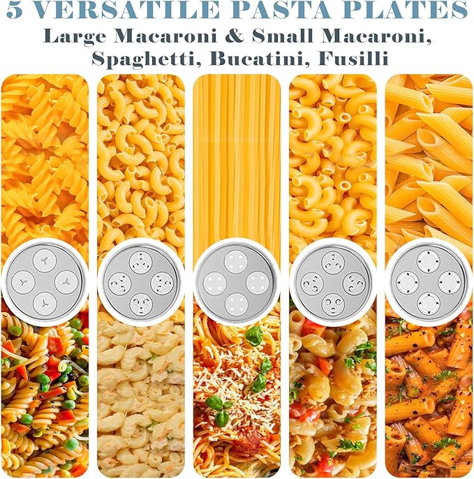 Pasta Press Attachment for Kitchenaid Stand Mixer, Compact Storage Pasta Maker Attachment with 5 Interchangeable Plates, Easy Homemade Spaghetti, Bucatini, Fusilli, Large & Small Macaroni Accessories