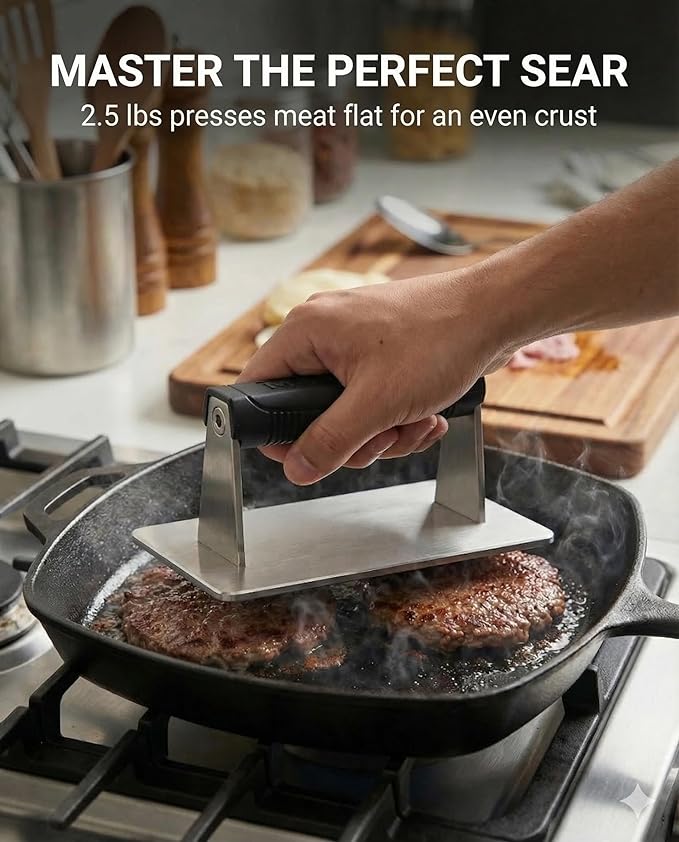 Stainless Steel Burger Smasher 2.50 LB – 8x4.25 Inch Steak Weight for Smash Burgers, Bacon, Sandwiches | Dishwasher Safe, Preheatable Protein Press with Silicone Handle | Commercial BBQ Tool