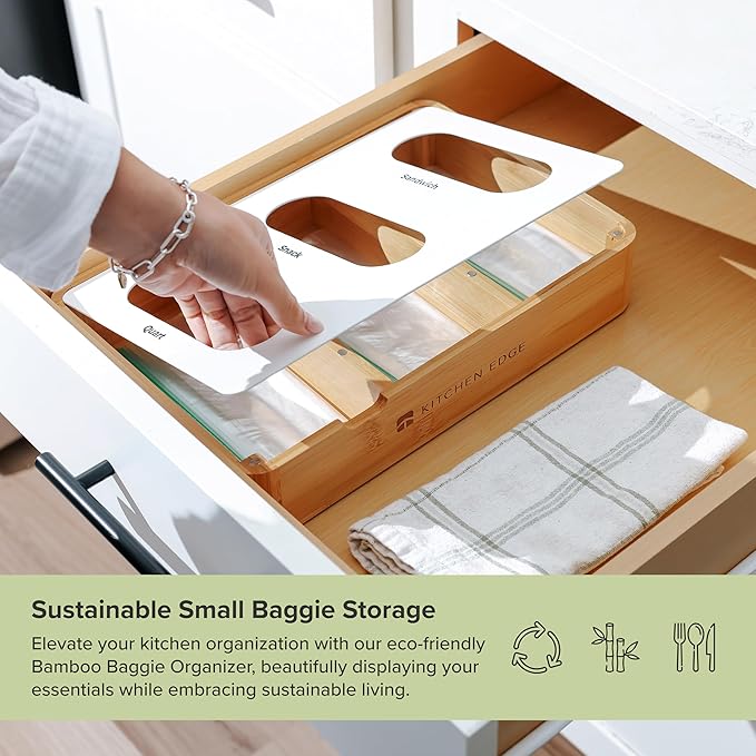 Premium Ziplock Bag Organizer – Kitchen Edge 3-Slot Bamboo Organizer with White Metal, Fits Snack, Sandwich & Quart Bags, Magnetic Top, Non-Slip Base, Wall Mountable, 8.7in x 13in x 2.5in