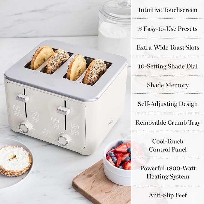 Martha Stewart 4 Slice Toaster, 10 Shade Settings with Defrost, Cancel, Bagel & Gluten-Free, Extra-Wide Self-Centering Slots for Waffles & Artisan Bread, Removable Crumb Tray, Cord Wrap, 1800W, Linen