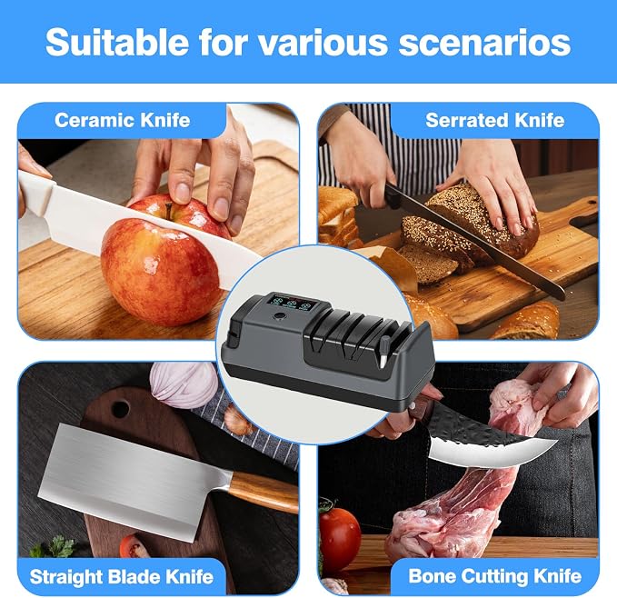 5-in-1 Electric Knife Sharpener for Kitchen Knives, Scissor Sharpener with 3-Speed & 100% Diamond Abrasives-Quickly Sharpening for Straight, Serrated, Meat Cleaver, Ceramic Knives & Kitchen Knives