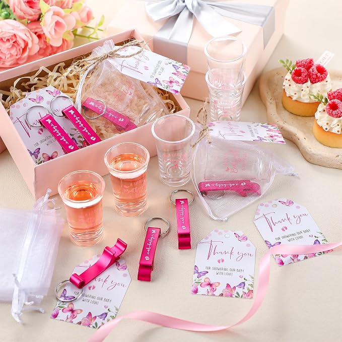 50 Sets Baby Shower Favor for Guests Acrylic Shot Glasses with Bottle Opener Keychains Thank You Tags and Bags Gender Reveal Party Favors for Guest Baby Shower Return Gift (Butterfly)