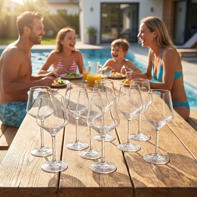 Unbreakable European Style Plastic Crystal, Stemmed Wine Glasses | Set of 8 | Acrylic Tritan Drinkware, Unbreakable Clear Color Shatterproof BPA-free, Reusable, Floating Pool & Indoor & Outdoor, 18oz
