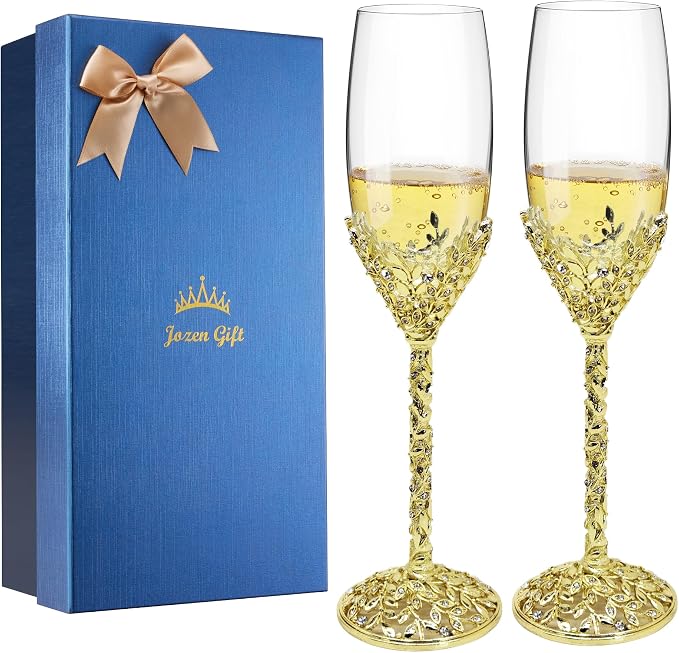 Gold Champagne Flutes -His and Hers,Wedding Toasting Glasses for Wedding,Engagement Celebrations, Bridal Shower and Registry Idea,Wine Glasses for Bride and Groom Gifts,7oz (Light Glod)