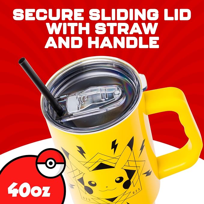 Silver Buffalo Pokémon Featuring Pikachu Lightning Double Walled Stainless Steel Tumbler with Handle, Fits in Standard Cup Holder, 40 Ounces