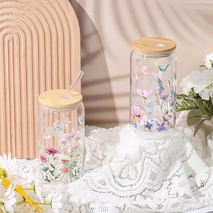 Mumufy 2 Pack Wildflower Glass Cups Gift Aesthetic Cute Glass Cup Tumbler Flower Iced Coffee Mugs 16 oz with Bamboo Lid & Straw, for Wedding Birthday Bridesmaid Mom Baby Shower