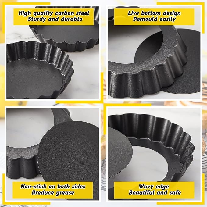 Uiifan 32 Pcs Mini Tart Pans, 3 Inch Nonstick Egg Tart Molds with Removable Bottom, Round Fluted Quiche Pan for Pie, Mousse Cake, Cheesecake, Dessert Baking, Black Gray