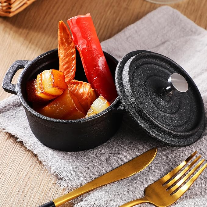 4 Pcs Mini Dutch Oven, 500F Small Round Iron Cocotte Black Dutch Oven Pot with Lid and Dual Handles Cast Iron Pot for Stovetop Use Marinate Cook Bake Refrigerate, Individual Servings(17 oz)
