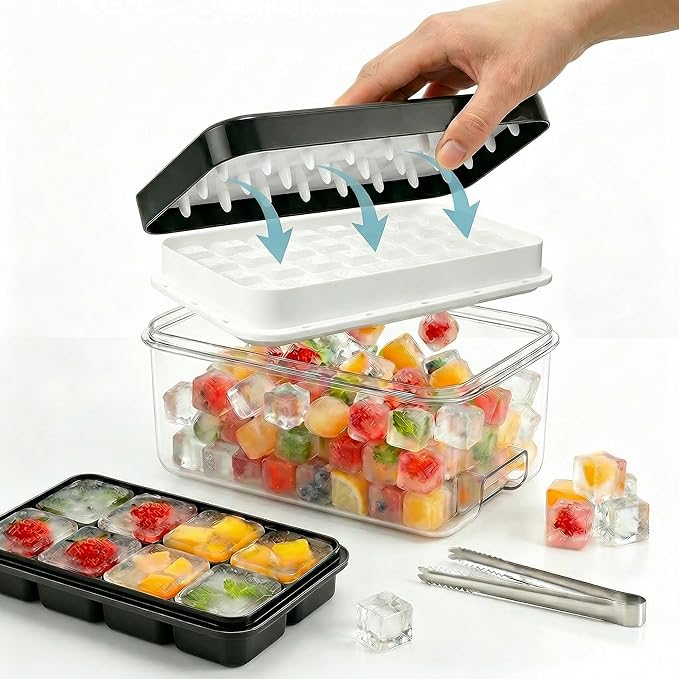 Ice Cube Tray with Lid and Bin, Ice Trays for Freezer with 40 Cubes, Easy-Release Silicone Ice Cube Molds, Stackable Ice Bucket Kits with Stainless Steel Ice Tongs for Drinks, Coffee, Cocktail