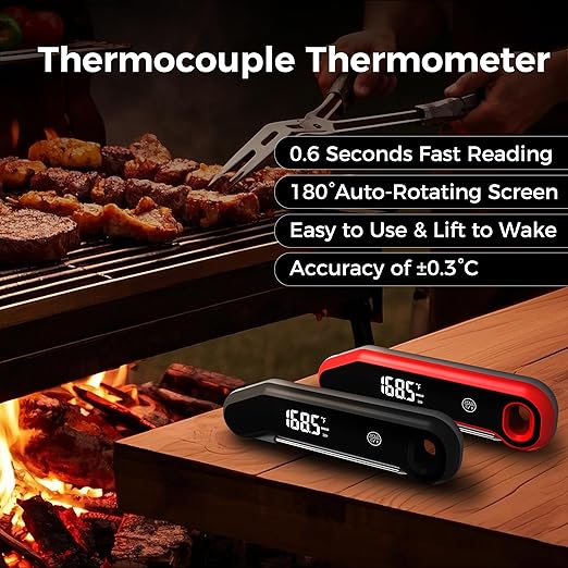 YFL Instant Read Meat Thermometer Digital, Ultra-Fast 0.8s Thermocouple Food Thermometer for Cooking, IP66 Waterproof Kitchen Gadget with Auto-Rotating VA Screen for BBQ, Smoker, Candy