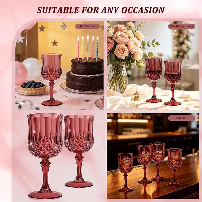 7OZ Plastic Wine Glasses, Reusable Vintage Goblets Unbreakable Drinking Glasses Crystal Water Cups Champagne for Wedding, Parties (12, Burgundy)