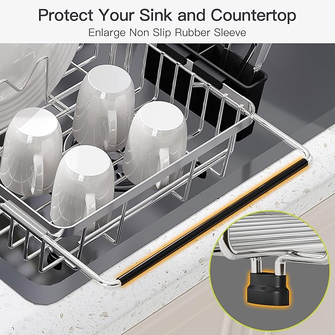 Expandable Stainless Steel Dish Drying Rack Over The Sink For Small Kitchen, Counter Space Saving Compact Metal Plate Drainer Strainer, Adjustable Hanging Inside Sink Rust Proof Wire Dryer Holder